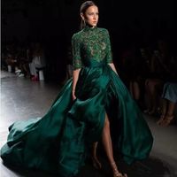 Wholesale Arabic Half Long Sleeves Lace Split Evening Dresses with Appliques Emerald Green Satin Court Train Formal Prom Party Gowns