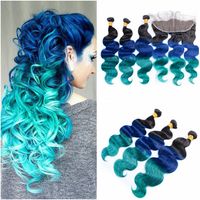 Wholesale B Blue Green Ombre Virgin Brazilian Human Hair Bundles with x4 Full Lace Frontal Closure Three Tone Colored Human Hair Weaves