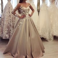 Wholesale Champange Plus Size Wedding Dresses See Through Jewel Neck Long Sleeve Lace Applique Bridal Gown Sexy A line Floor Length Satin Wedding Dres