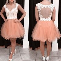Wholesale Cheap Nude Pink Short Homecoming Dresses Sweetheart Appliques Tulle White Illusion Back Short Party Dresses Prom Dresses