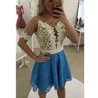 Wholesale Knee Length Gorgeous White And Blue Middle Sleeves Lace Appliqued Pearls Homecoming Dress Short Prom Dresses With Sheer Neckline