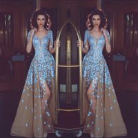 Wholesale Champange Tulle Mermaid Prom Dress With Overskirt Sky Blue Lace Appliques Scoop Neck Long Sleeves Evening Gown Sexy Side Split Prom Dress