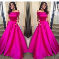Wholesale High Quality Hot Fuchsia Pink Prom Dress with Pockets Off Shoulder Long A Line Night Gown New Arrival Custom Made Evening Party Dresses