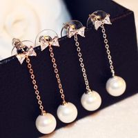 Wholesale Elegant Zircon Bowknot Drop Earrings for Women Jewelry Fashion Accessories Big Pearl Dangle Earrings Vintage Platinum plating Long Earrings