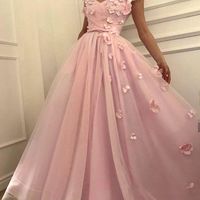 Wholesale 2019 Gorgeous V Neck Prom Dresses Pink Tulle A Line With D Flora Appliques Floor Length Formal Evening Occasion Dresses Custom Made