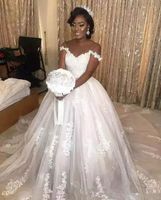 Wholesale Sexy Off Shoulder Wedding Dresses Sweep Train A Line Lace Bridal Gowns Saudi Arabic African Dubai Backless Beach Wedding Gowns