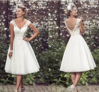 Wholesale 2018 Elegant Tea Length Wedding Dresses V Neck Cap Sleeves Appliques Lace Tulle Ball Gown Short Wedding Dresses