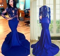 Wholesale Long Sleeves Lace Prom Dresses Mermaid Style High Neck See Through Appliques Sexy Royal Blue African Party Evening Gowns