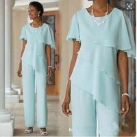 Wholesale 2018 New Wedding Guest Dress Silk Chiffon Short Sleeve Tiered Mother of Bride Pant Suits Custom Made Mother of the Bride Dresses Pants Suits