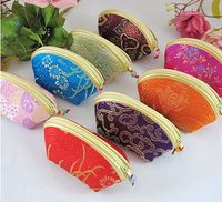 Wholesale Small Shell Cheap Zipper Coin Purse Favor Bag for Candy Chocolate Jewelry Gift Pouches Silk Brocade Floral Cloth Packaging pc