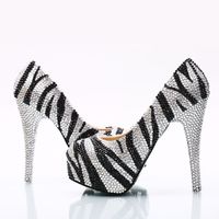 Wholesale Fashion Black and white zebra striped crystal platform High Heels Wedding Shoes Bridal round toe High Heels sexy Party Prom Shoes Plus Size