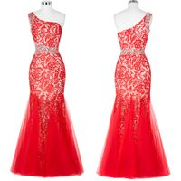 Wholesale Custom Made Red One Shoulder Lace Mermaid Prom Dress with Tulle and Rhinestone Beading Hot Red Evening Dress New Design