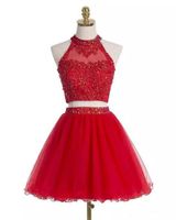 Wholesale Prom Homecoming Dress Latest Red Short Two Pieces Beaded Crystal Appliques A Line Cocktail Graduation Special Occasion Gown