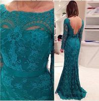 Wholesale Turquoise Lace Mother of the Bride Dresses Long Sleeve Backless Boat Neck Bow Belt Floor Length Mermaid Evening Gowns Formal Party Dress