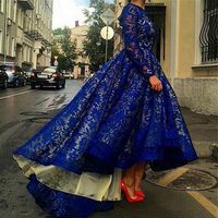 Wholesale Arabic Style Long Sleeves Prom Dresses Royal Blue Lace dresses Cheap New Elegant Celebrity Dresses Hi Lo Formal Evening Gowns party