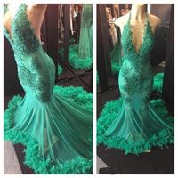 Wholesale Mermaid Turquoise Prom Dress with Feather Beaded Appliques Lace Halter Neck Sexy Style Fashion Evening Gowns Pageant Dress
