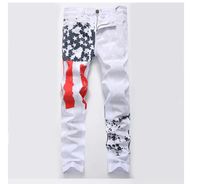 Wholesale Fashion Men s White American Flag Printing Casual Jeans High Elastic Slim Casual Five pointed Star Jeans Pants