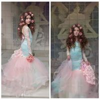 Wholesale Beautiful Blue And Pink Girls Pageant Gowns Lace Long Sleeves Backless Mermaid Flower Girl Dresses For Wedding Children Party Dresses