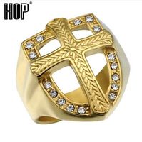 Wholesale HIP Hop Knights Templar Armor Crusader Cross Rings Titanium Stainless Steel Iced Out Crystal Gold Signet Rings for Men Jewelry