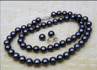 Fine 8 mm South Sea Noir Vert Shell Pearl PERLES rondes Colliers /& Boucles d/'oreilles Set