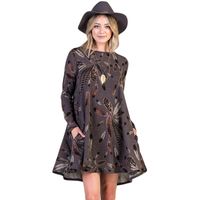 Wholesale Long Sleeve Dresses Winter Office Coffee Feather Graphic Pocket Tunic Mini Dress Roupa Casual Vestido A line