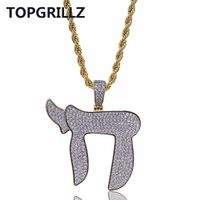 Wholesale TOPGRILLZ Gold Color Plated Iced Out Micro Pave CZ Stone Jewish Symbol Chai Charms Pendant Necklace Hip Hop For Men Women
