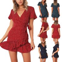 Wholesale Women s explosion models Europe and the United States new V neck short sleeved pleated lace print dress