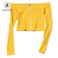 Wholesale ZAN STYLE Spring Off The Shoulder Zip Up Cropped Blouse Women Slash Neck Solid Yellow Short Knit Rib Blouses Shirt Cropped Top