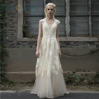 Wholesale 2018 wanshandress champagne lace appliques country wedding dresses custom cap sleeves v neck a line wedding gowns hollow back bridal dress