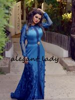 Wholesale Royal Blue Caftan Mermaid Prom Formal Dresses with Long Sleeve Full length D Floral Butterfly Dubai Abaya Kaftan Muslim Evening Gown