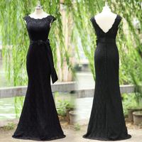 Wholesale Actual Image Black Lace Evening Gowns Crew Neck Ribbon Bow Covered Button Sweep Train Elegant Evening Formal Dresses Prom Dresses