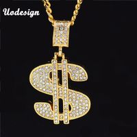 Wholesale Uodesign Gold Color Money Symbol Pendant Hip Hop Bling Crystal Dollar Sign Gold Link Chain Necklace Jewelry