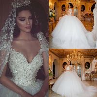 Wholesale Exquisite Pearls Beads Lace Tulle Ball Gown Wedding Dresses Luxury Capped Sleeve Puffy Long Bridal Gowns Custom Made China EN12214
