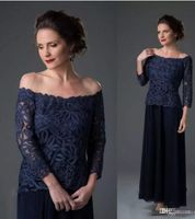 Wholesale 2018 Navy Blue Lace Mother Of The Bride Pant Suit Lace Chiffon Off Shoulder Wedding Mother s Groom Dress Long Sleeve Wedding Guest Dresses
