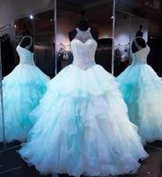 Wholesale 2018 Ice Blue Ruffles Organza Ball Gown Quinceanera Dresses Luxury Beads Pearls Bodice Lace Up Sweet Prom Gowns