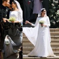 Wholesale 2019 Prince Harry Meghan Markle Long Sleeves Wedding Dresses Simple Satin Bateau Neck Long Bridal Wedding Gowns Court Train Custom Made