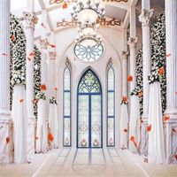 Wholesale Interior Palace Chandeliers Wedding Backdrop for Photography Printed White Pillars Flower Wall Blue Arched Door Photo Studio Backgrounds