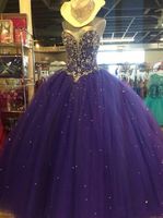 Wholesale Grape Ball Gown Tulle Quinceanera Dresses Strapless Crystal Beaded A Line Floor Length Corset Back Sweet Prom Gowns