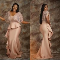 Wholesale African Mermaid Formal Evening Gowns Deep V Neck Floral Applique Beads Short Sleeves Prom Dresses Sexy Stylish Party Dresses