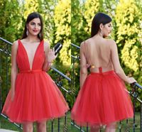 Wholesale Fashion Red short Homecoming Dresses Short Prom Dresses Sexy Deep V Neck Sleeveless Pleated Tulle Ribbon Backless Fashion Party Cocktail Dre