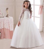 Wholesale 2018 Beautiful White Lace Flower Girl Dress Long Sleeve Girl s Pageant Dresses With Bow Champagne Low Price Kids Wedding Gowns