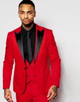 Wholesale 2018 New Arrival Tailor Made Red Groom Tuxedos Peak Lapel Groomsmen Best Man Suit Men Wedding Suits Prom Party Suit Jacket Pants Vest Tie