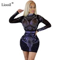 Wholesale Liooil Women Crystal Dress Long Sleeve Bodycon See Through Mesh Dress Black Wine Red Apricot Diamonds Sexy Club Party Dresses