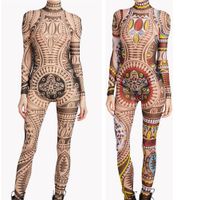 Wholesale Stage Wear Plus Size Women Tribal Tattoo Print Mesh Jumpsuit Romper Curvy African Aztec Bodysuit Celebrity Catsuit Tracksuit