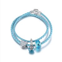 Wholesale 925 Sterling Silver Lake Blue Charm Bead fit European Pandora Bracelets for Women Charm Double Layer Genuine Leather Chain Fashion Jewelry