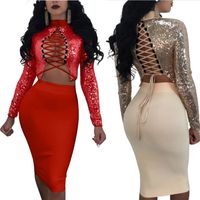 Wholesale Sexy Color pieces Women Dress Set sequins bandage tops Summer Hot Style Wrapped chest Dress Elegant Party Dresses Nightclub Vestidos