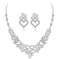 Wholesale Romantic Bridal Wedding Jewelry Sets White Hearts Crystal Rhinestone Pearls Necklace Earrings Costume Jewelry Sets for Women