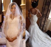 Wholesale Mermaid Long Sleeve Wedding Dresses with Lace up Sheer Neck Lace Applique Beaded Corset Nigeria African Trumpet Bridal Gown