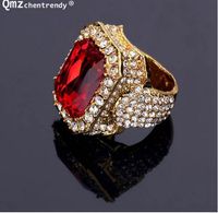 Wholesale Newest Gold Ice Out Shiny Full Crystal Red Stone Gem Ring Hip Hop Bling Rock Punk Size For Men Women Tide Brand Rings Jewelry