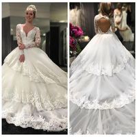 Wholesale 2021 V Neck Lace Appliques Long Sleeves Wedding Dresses Open Back Tiered Chapel Train Bridal Gowns Custom Online Vestidos De Novia